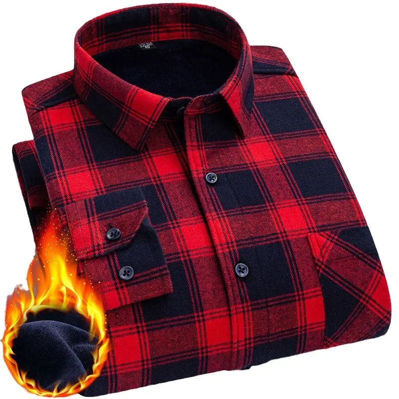 2024 High Quality Custom Cotton Button Up Shirt For Men Fashion Mens Thick Men's Thermal Long Sleeve Plaid Shirt for Winter