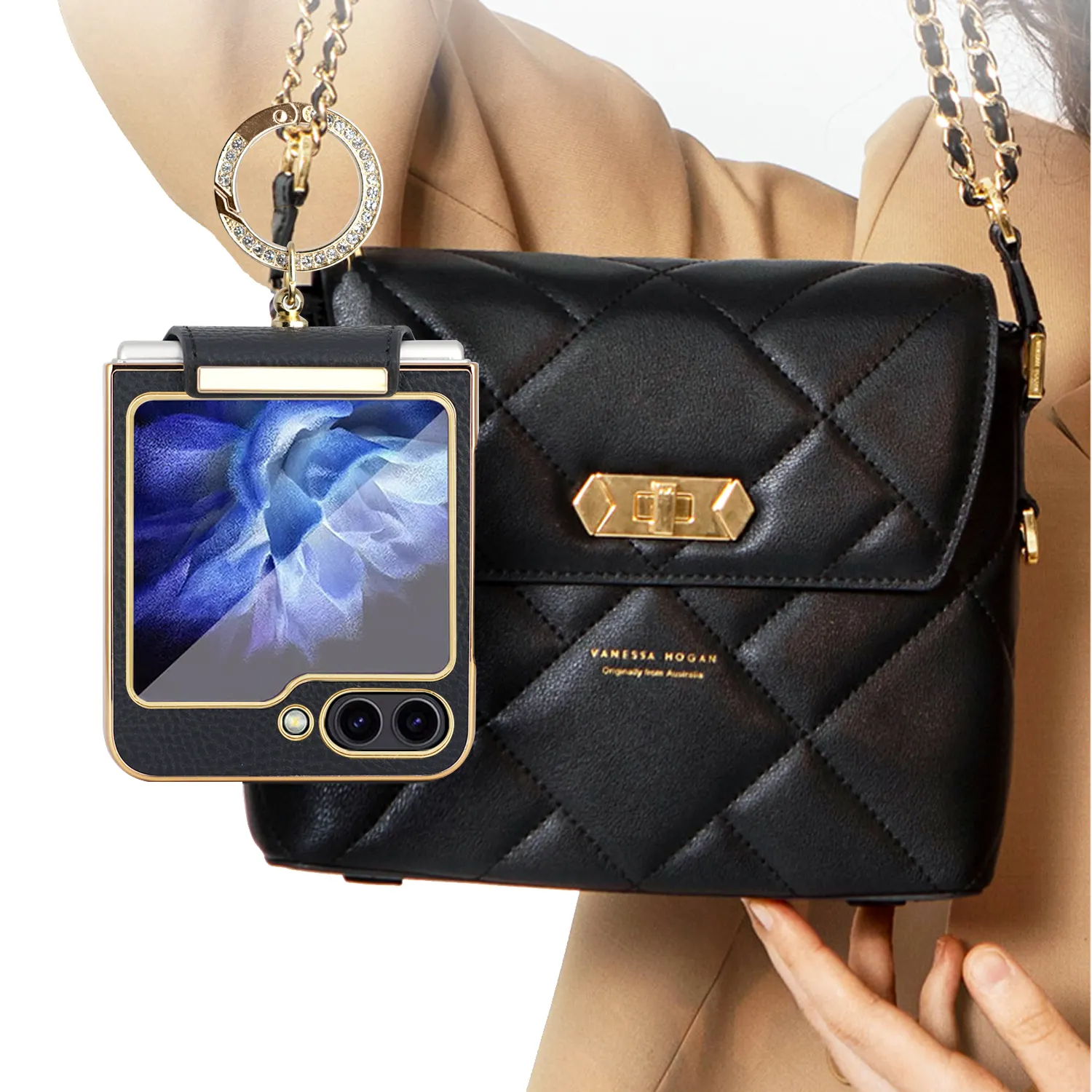 VIETAO Modedesign für Samsung z-Flip 5 Ringgehäuse Goldbeschichtung Rahmen schwarzes Leder z-Flip 5 Abdeckung mit Diamantschleifer