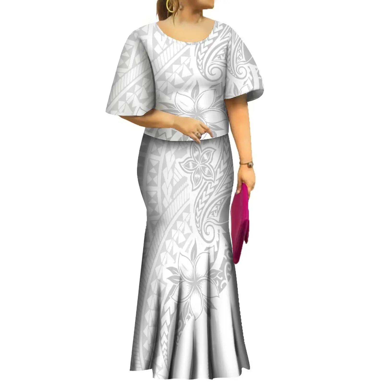 Venta caliente personalizado Día DE LA MADRE blanco Domingo polinesio Tribal diseño Samoan Puletasi Vestido Mujer 2 piezas Fishtail faldas conjunto