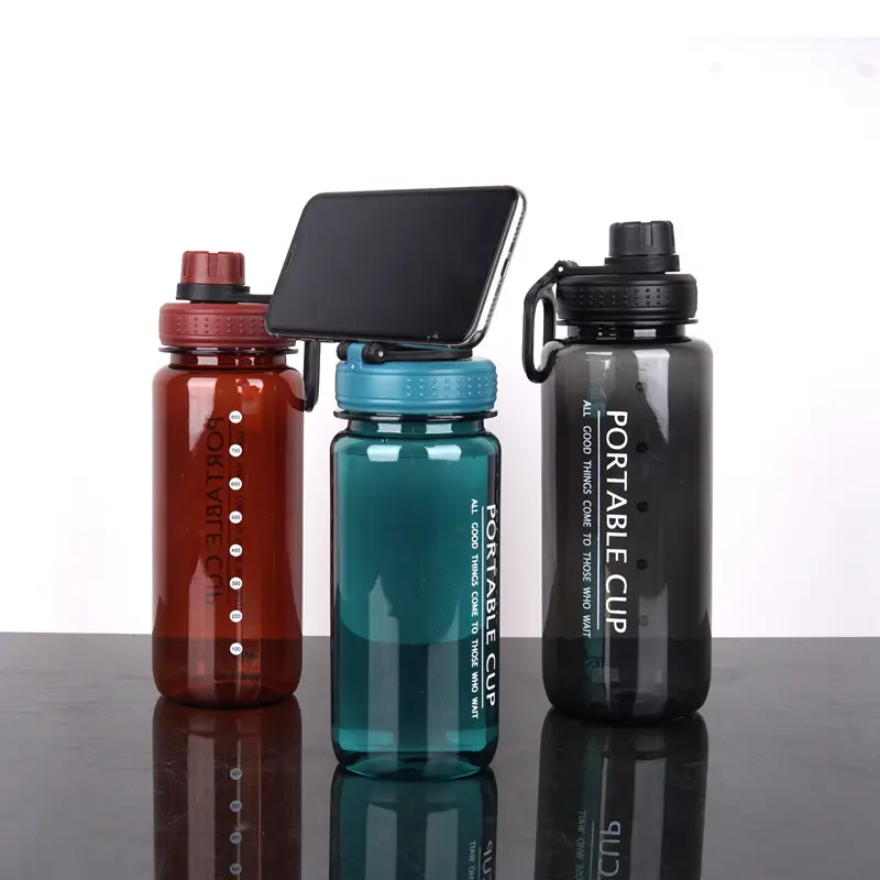 Portable 600ML Plastic Ins Sports Motivational Water Bottle with mobile phone bracket
