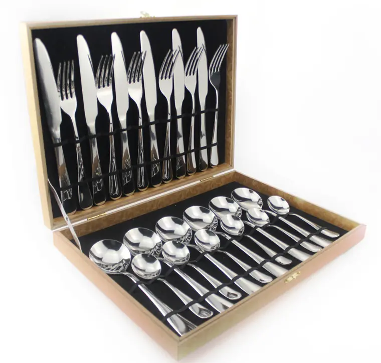 24 pz stoviglie inox besteck cubierto set di posate in acciaio inox scatola di legno posate set di posate set da tavola set da tavola