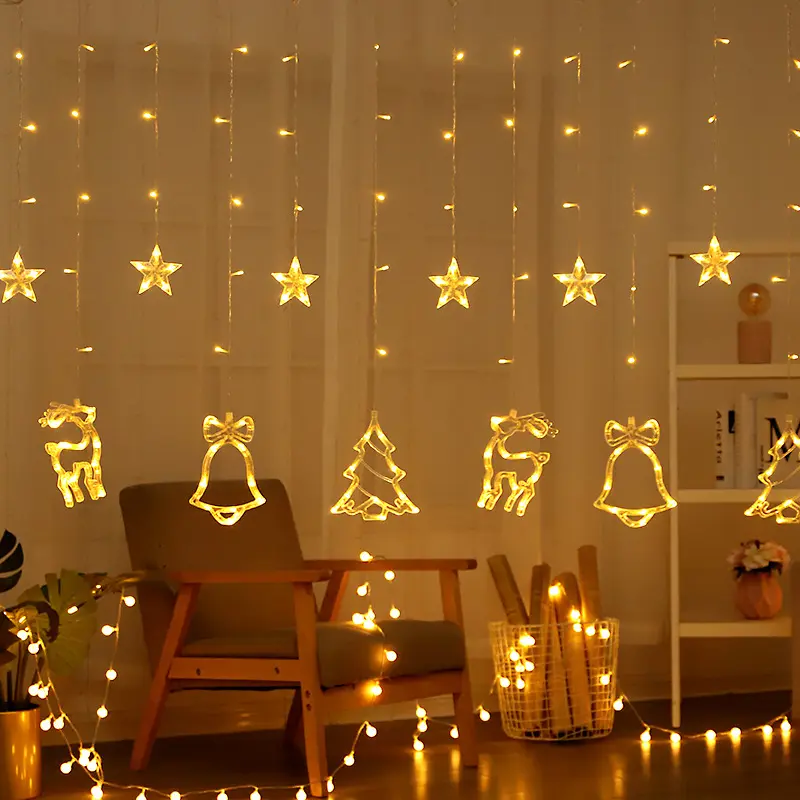 138 Led Christmas Curtain String Lights Party Wedding Holiday New Year Decor Bell Deer Star Tree Garland Fairy Led Icicle Light