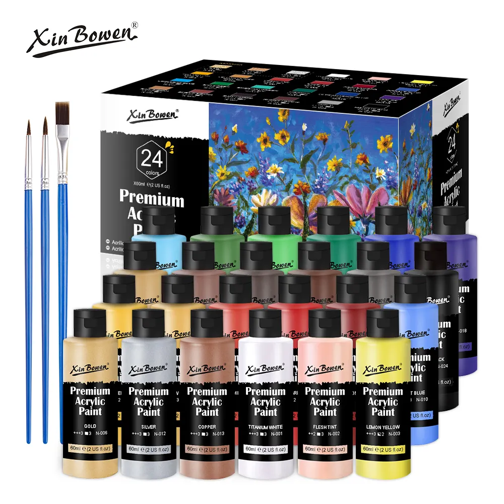 Xin Bowen professionelle 60ML Acrylfarbe 24 Farben mit Kunstfarbe Pinsel Darstellungsschachtel hochwertig Künstler Pigment-Studio Schule