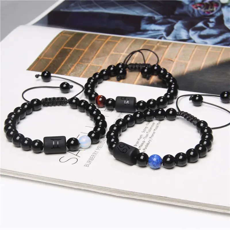 Ajustável Tecido Trançado Corda 12 Horóscopo Zodiac Sign Beads casais jóias Pulseiras Black Glossy Stone Ágata Charm Bracelet