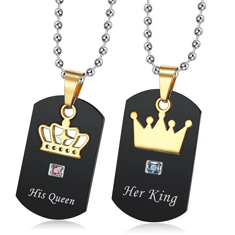 Collar de acero inoxidable con etiquetas negras para parejas, colgante de corona dorada para amantes de su rey y su reina