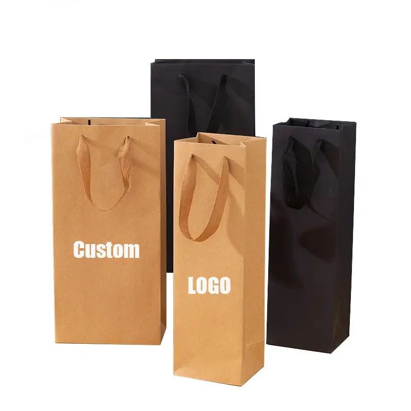 Custom Logo Printing Kraft Cardboard Wine Gift Bag Paper Packaging Bag Wine Bag for wine bottle