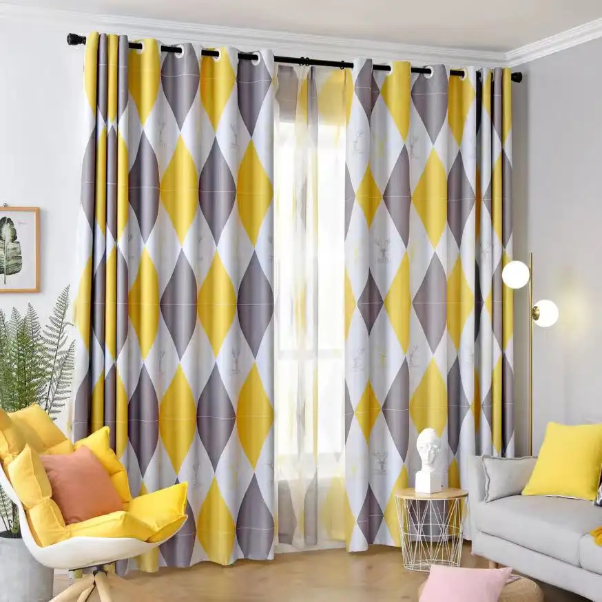Tela de cortina con estampado digital de rombos nórdico para sala de estar, tela opaca con aislamiento, venta al por mayor