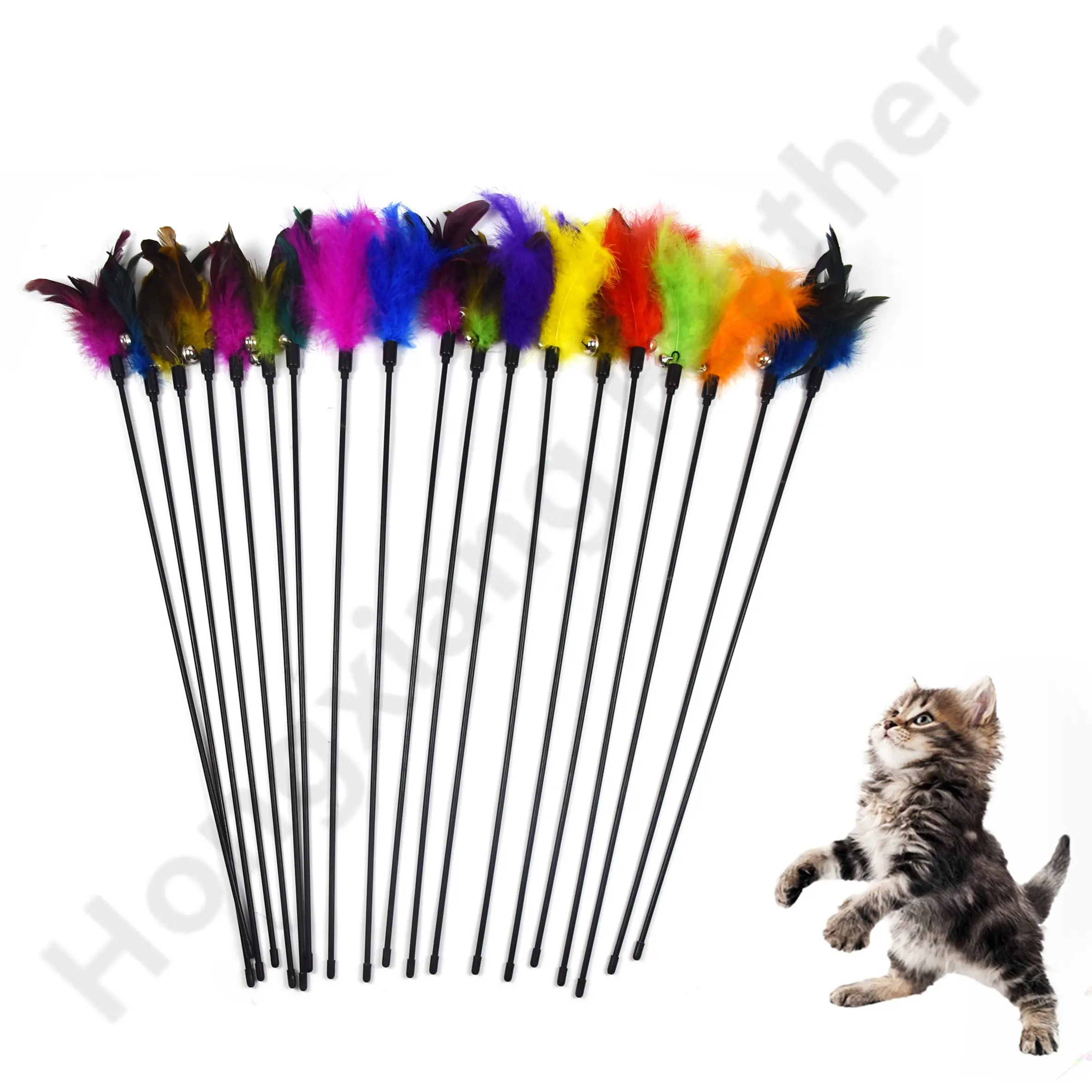 Marabú y gallo de colores, plumas interactivas para gatos, juguetes con campana, palo para gatos, venta al por mayor de fábrica