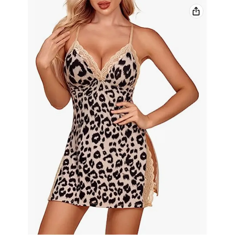 Venta al por mayor Sexy Leopard Print One Piece Nightwear Summer Strap Dress Home Wear slit sexy Fun set Mujeres