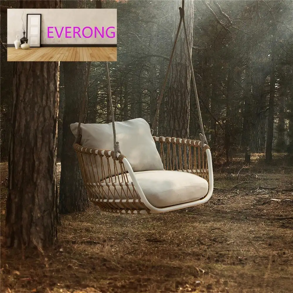 Everong Luxe Enkele Schommel Stoel Tuinmeubilair Balkon Touw Geweven Hangende Stoel Met Kussen