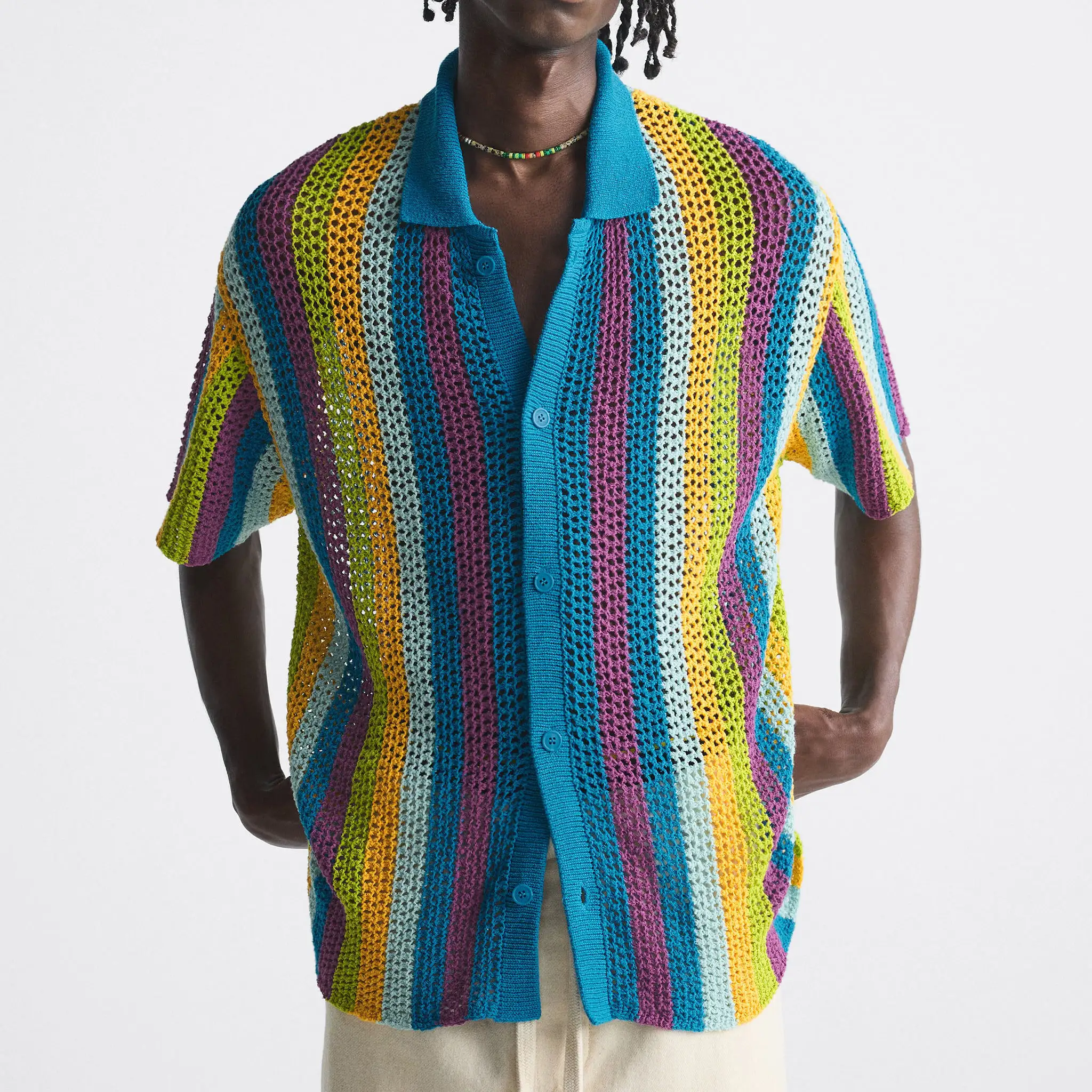 Camisa polo de malha de crochê com listra multicoloridas para homens, suéter de manga curta intarsia personalizado personalizado oem odm primavera verão