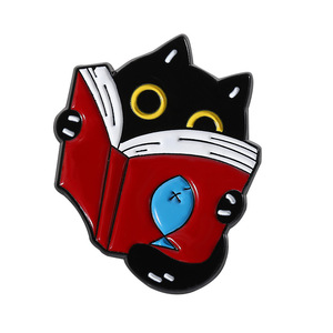 Reading book <strong>bookish</strong> badge learning cat enamel pin
