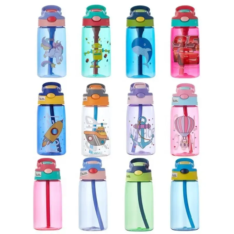 Botella de agua de plástico portátil respetuosa con el medio ambiente de 480Ml de alta calidad para niños con pajita abatible, tazas para sorber sin BPA, botella de agua para niños