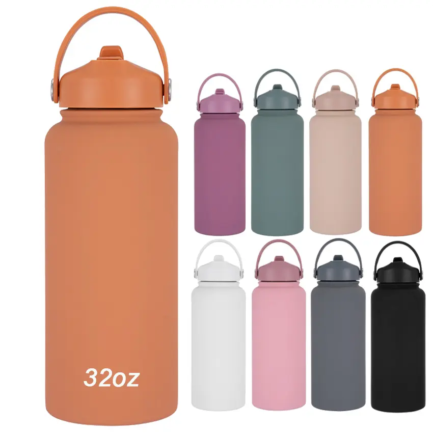 Individuelle 32 Unzen Gummibeschichtung Edelstahl tragbare Vakuumflasche isoliert breite Öffnung Sport-Wasserflasche mit Strohhalm