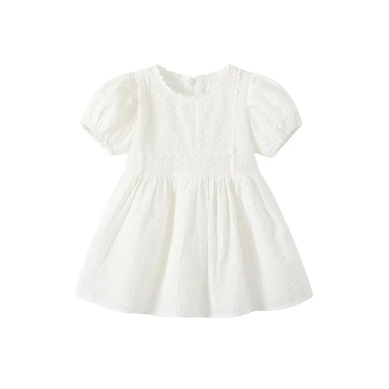 2024 नई फैशन समर बेबी गर्ल वफ़ल ड्रेस किड्स गर्ल्स 100% कॉटन लेस पफ स्लीव ड्रेस 1-6 साल के लिए
