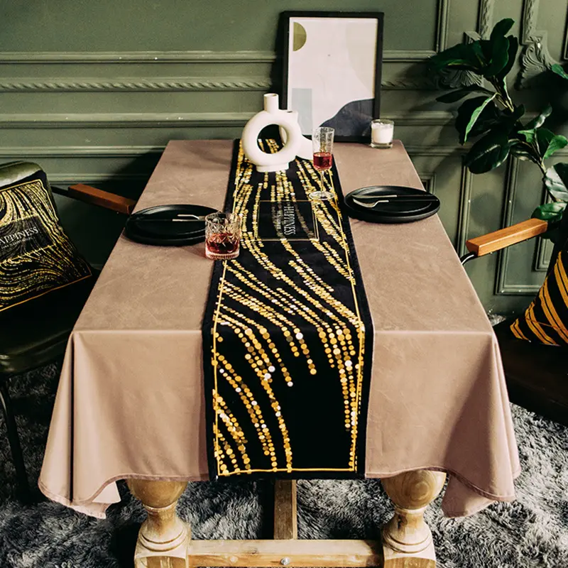 Gold Black Glitter Fashion Design Cotton Linen Waterproof Custom Digital Printed Table Runner
