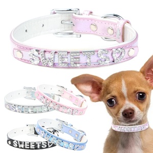 Großhandel Luxus Mikro faser Haustier Hund Name Halsband Anpassbare DIY mit Juwelen Dekoration Solid Pattern PU Material Niet Feature - Product Image 6
