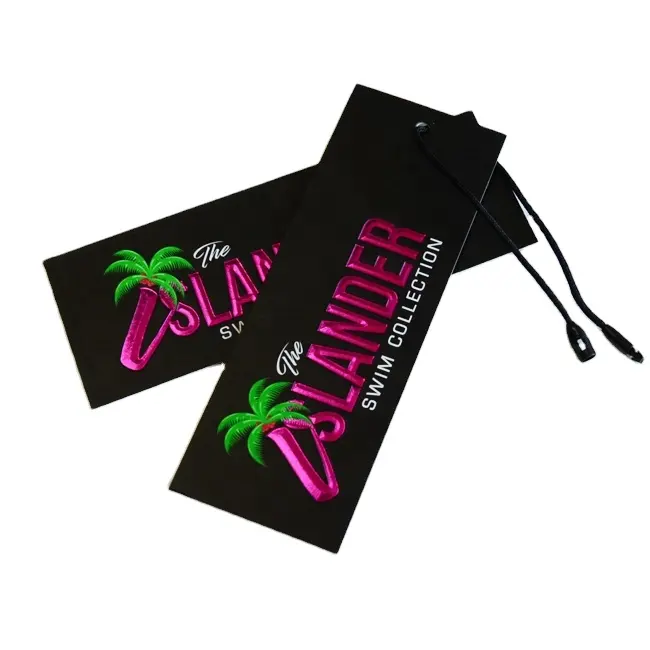 Cartellino per abbigliamento personalizzato con LOGO in rilievo con cordino cartellino in carta di cartone con stampa UV in lamina d'oro per indumento