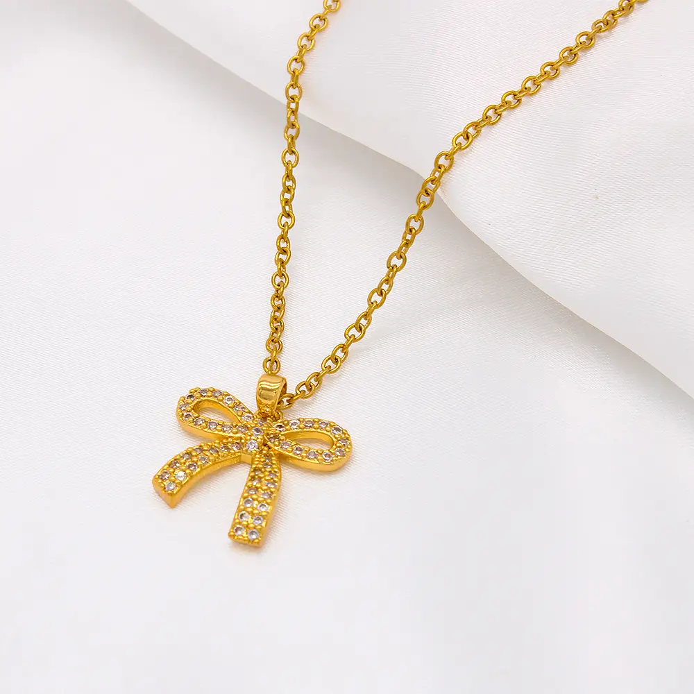Bestseller Vergoldete Edelstahl Kristall Schmetterling Knoten Halskette Titan Stahl Zirkon Bogen Anhänger Halskette