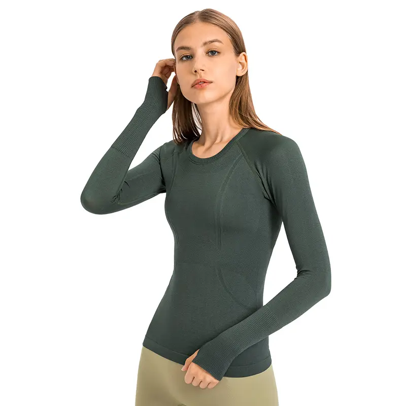 Camiseta feminina esportiva de lulu, camiseta slim respirável de manga longa com gola arredondada, top de corrida, fitness para mulheres, 2022