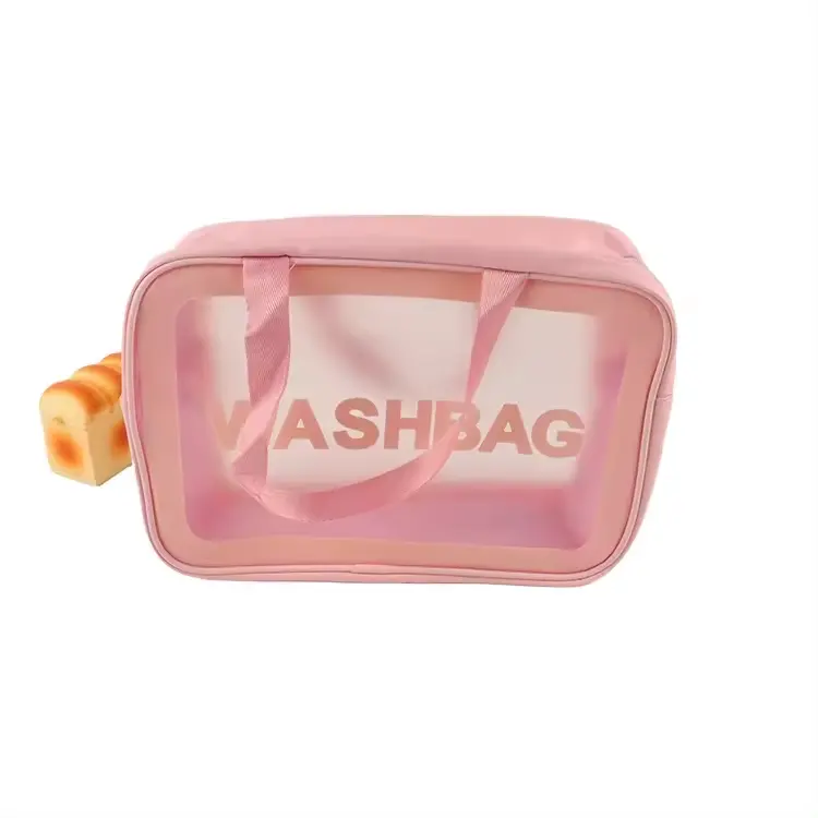 2024 tas perlengkapan mandi travel tas Makeup bening PVC tas kosmetik merah muda ritsleting untuk wanita