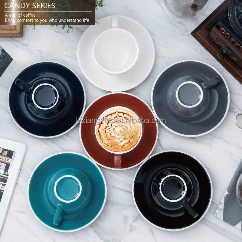 Tazza da caffè ispessita Cappuccino accessori da cucina cerchio bianco 150cc tazza in ceramica Logo personalizzato OEM Set di tazze da caffè colorate