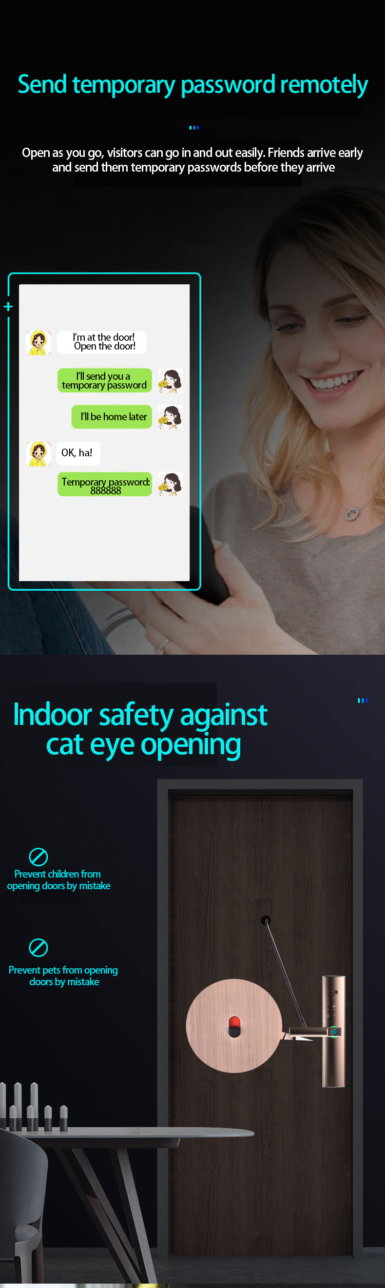 Multi-unlocking methods of intelligent door lock for household entry fingerprint lock applet temporary key unlocking safety