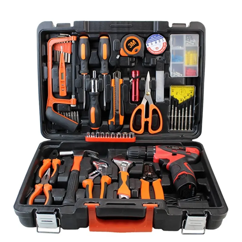 61psc Professional Power Electrical and Hardware Tool Set Combo with Rechargeable Electric Drill and Multiple Drills in Blow cas