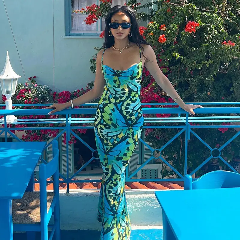 Vestido de verano con estampado digital de mariposas, azul, verde menta, para playa, elegante y sexy, 2023