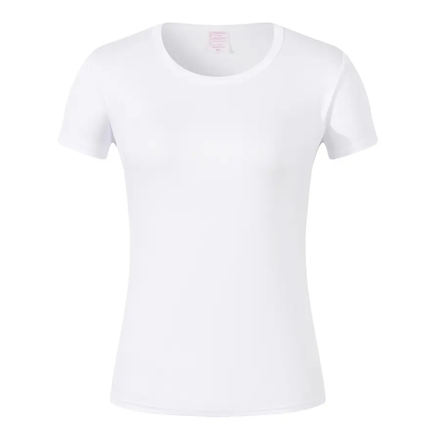 Camiseta de sublimación de poliéster blanco de manga corta con cuello redondo para mujer, camiseta de diseño personalizado publicitario en blanco al por mayor