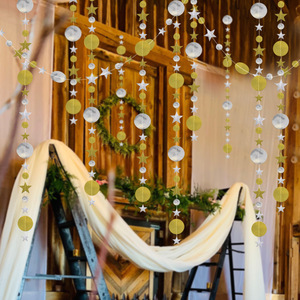 Cordão de papel para pendurar na parede, enfeite de estrelas, bandeira de casamento, ouro ou prata para festa, decoração de parede