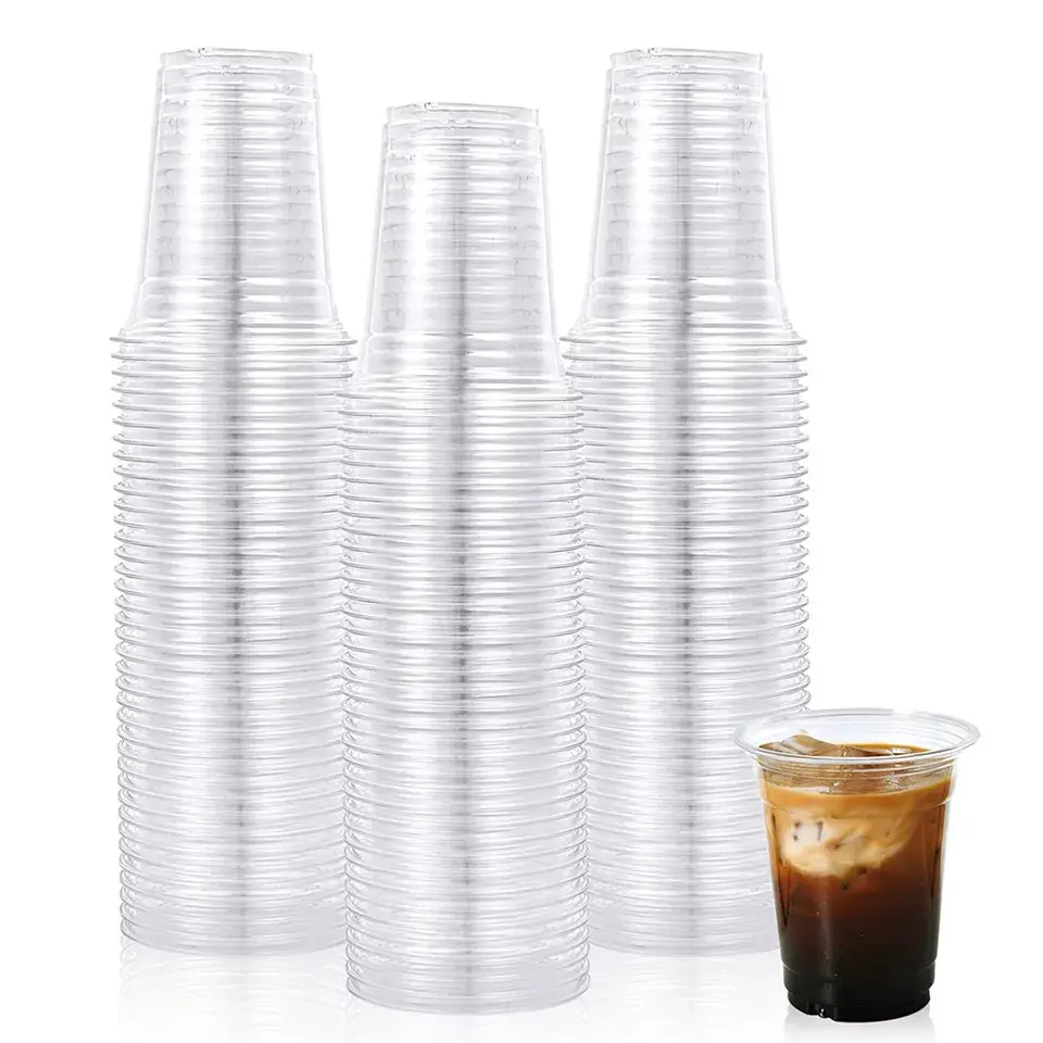 Fukang özelleştirilmiş 24 oz temizle PET kubbe kapaklı plastik bardaklar tek kullanımlık soğuk içecekler fincan