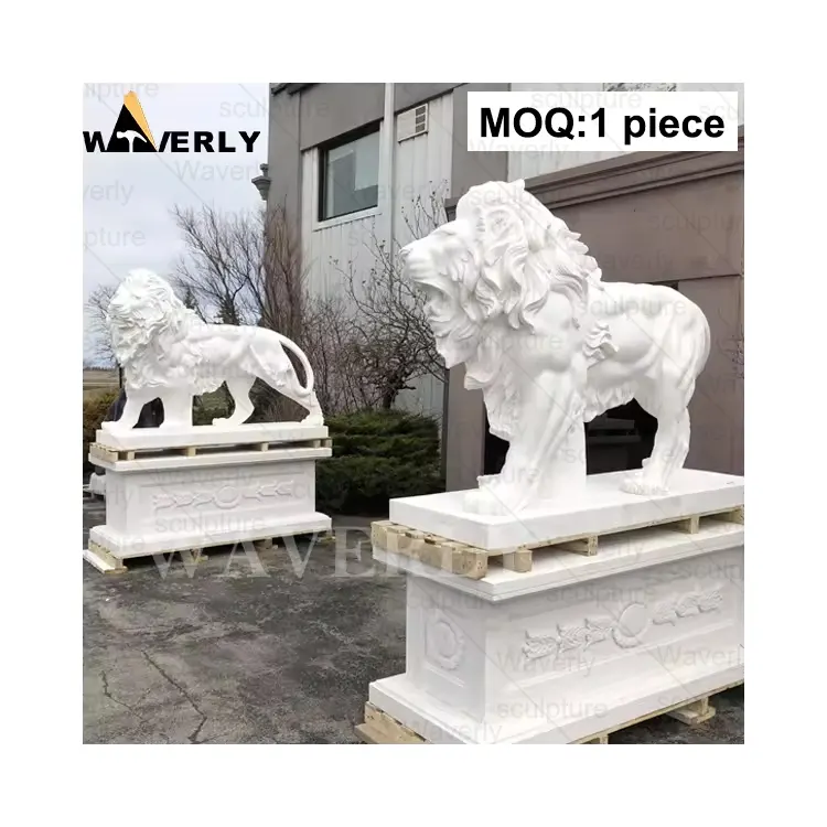 Estatuas de escultura de León de puerta de mármol de entrada de pie de Animal de tamaño real, estatua de León de mármol tallada en piedra blanca grande para exteriores