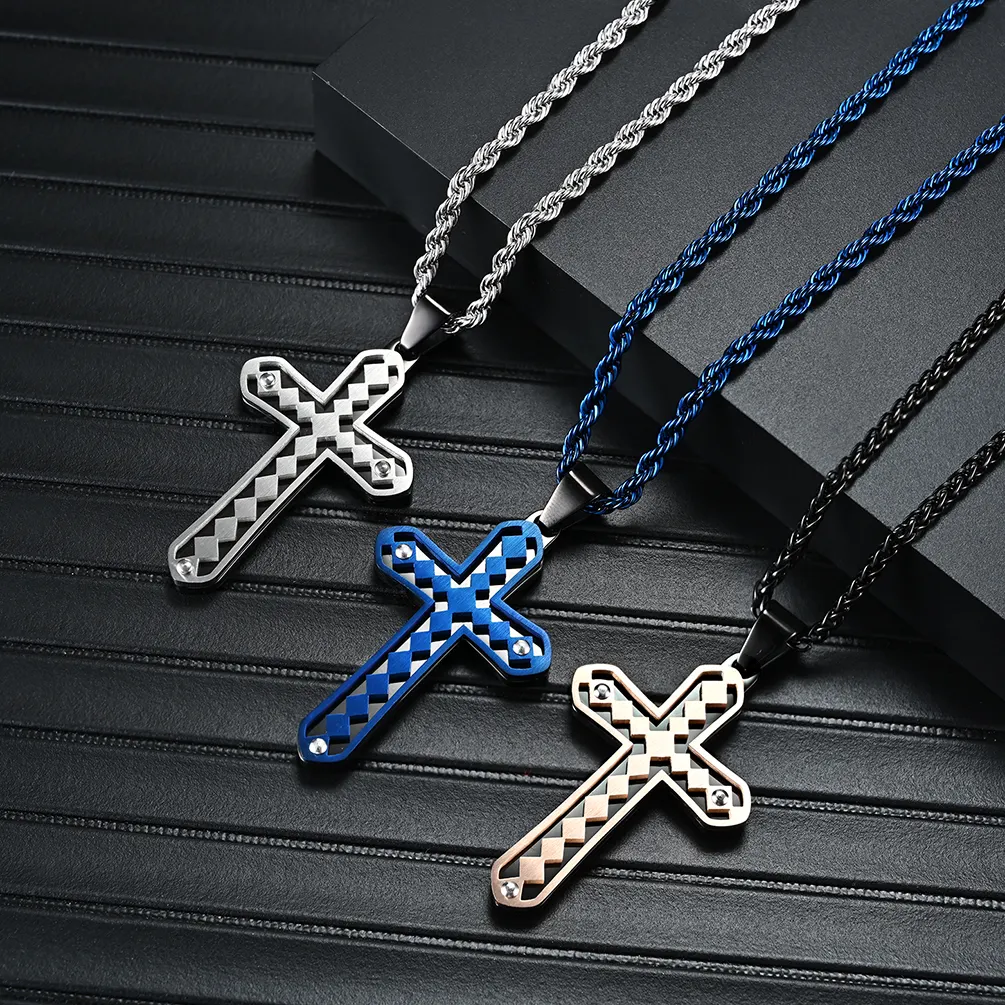 Colar de pingente de diamante Cz Cruz de Jesus em camada dupla para homens, joia cristã de aço inoxidável com corrente de fé