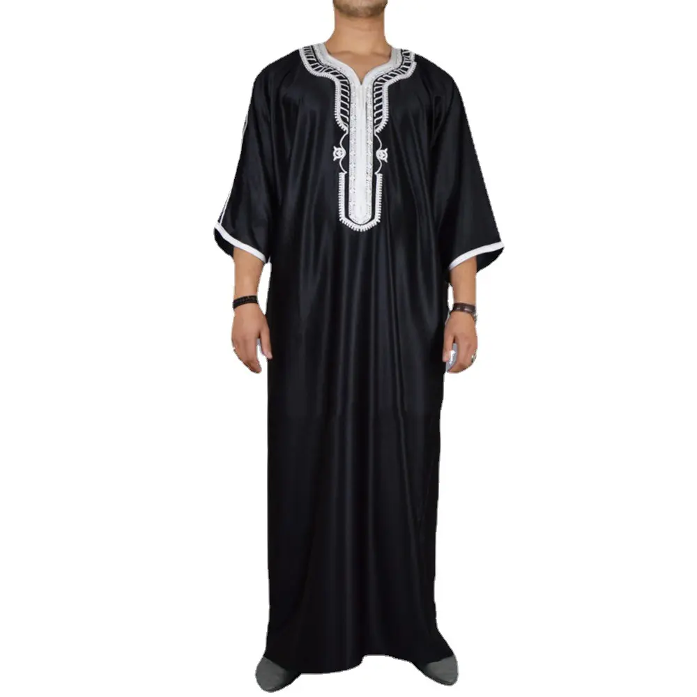 Roupa de verão 2024 Caftan para homens muçulmanos, roupão preto de manga curta bordado estilo étnico árabe, homem muçulmano Boubou