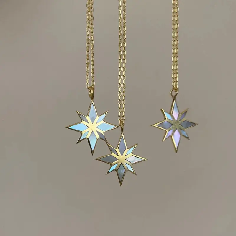 Wholesale Trendy Fritillary Necklace 18K Gold Plated Stainless Steel Chain Abalone Shell Eight Pointed Star Necklace