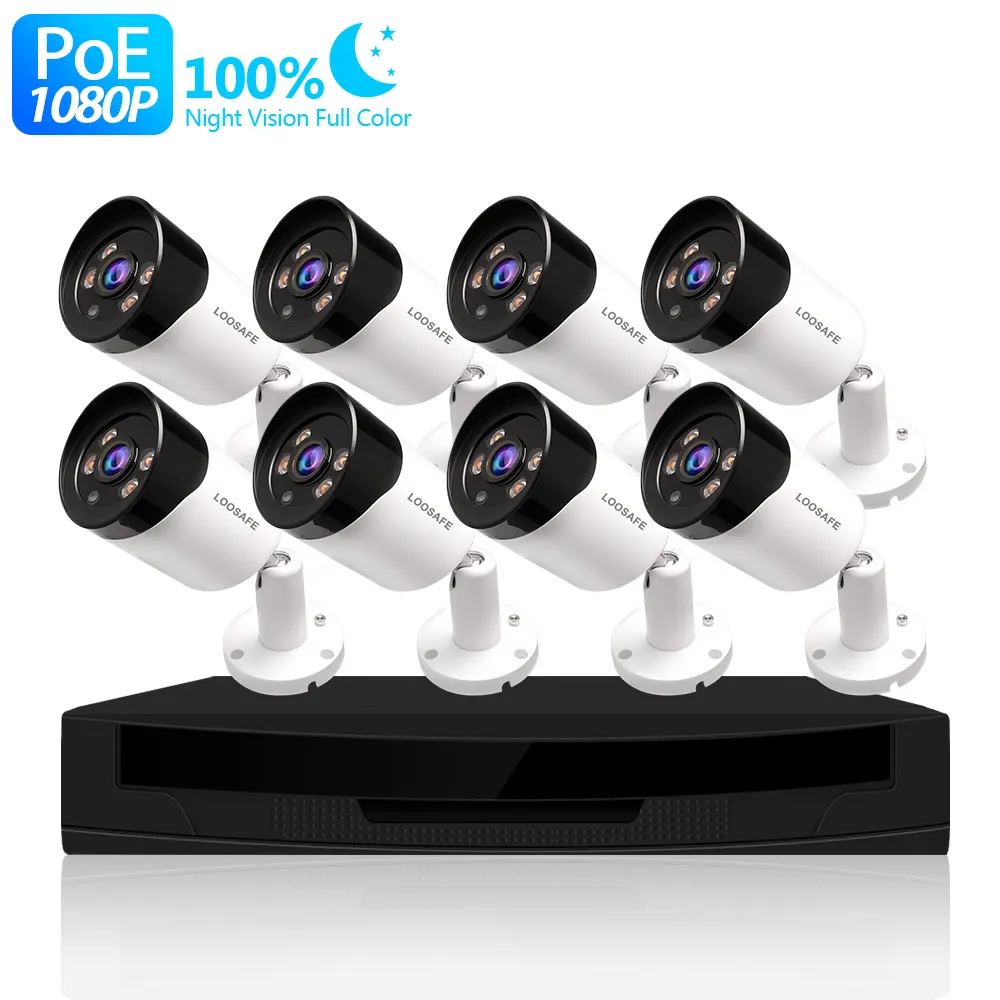 Tinoosafe — caméra de vidéosurveillance extérieure 1080p POE, système de lumière chaude, 8 canaux h.265 x, étanche, avec enregistrement vocal