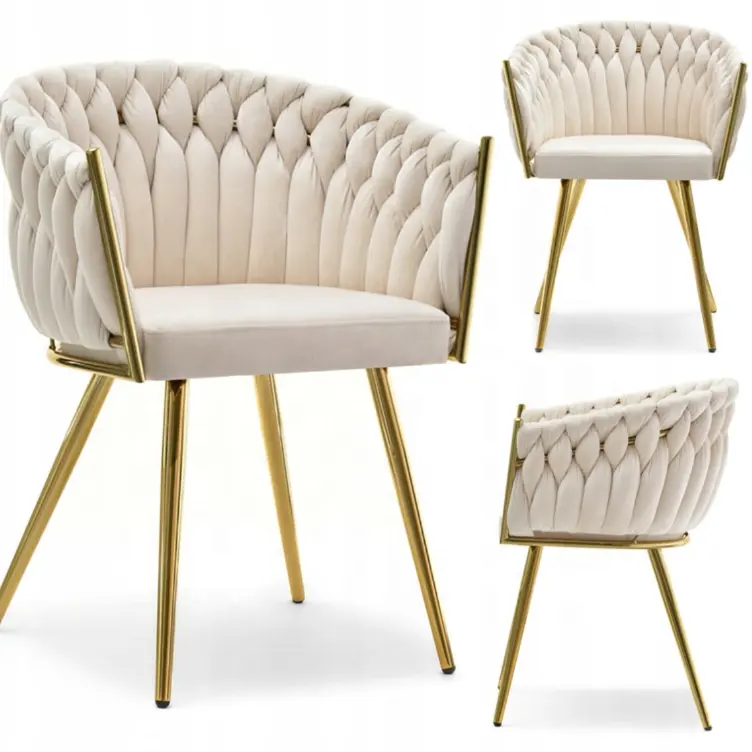 Sillones tejidos sillas de comedor clásicas de terciopelo nórdico Silla de comedor con base de oro rosa de cuero moderno