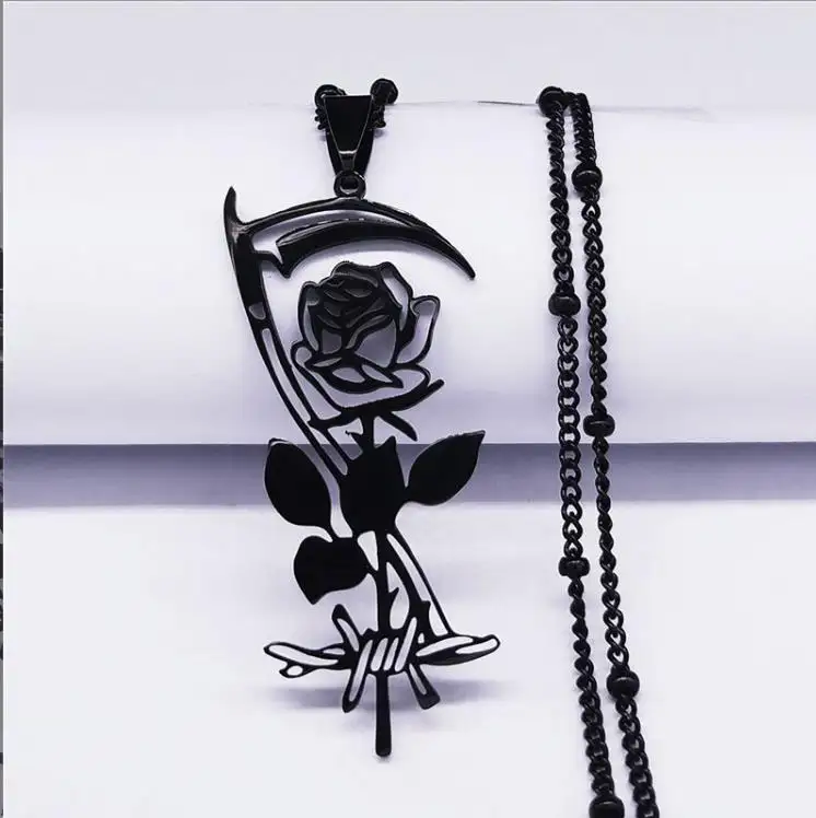 Caicai Black Rose Gothic Sickle joyería de acero inoxidable para mujer collar con colgante de moda para mujeres regalo de amantes