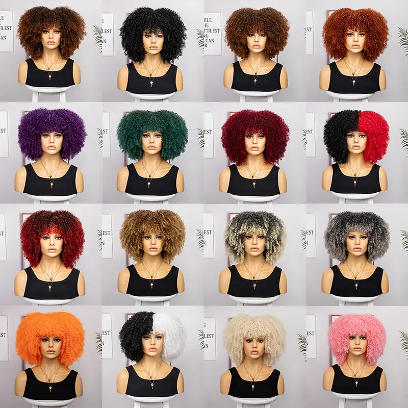 Wholesale fashion female short hair afro kinky curly wig with bangs women african synthetic ombre cosplay wigs for black women