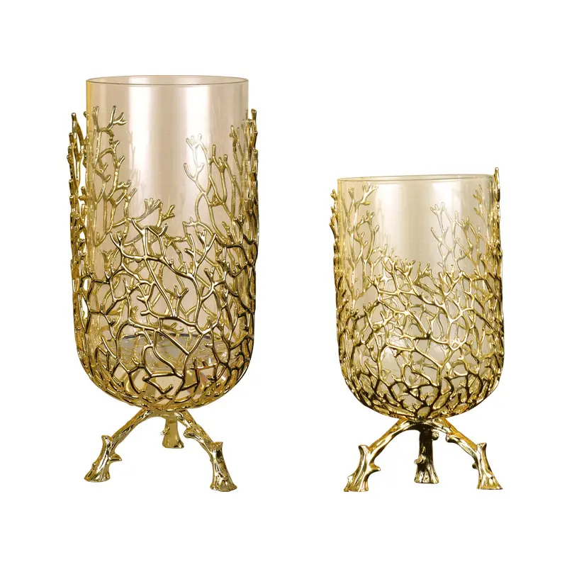 Accessori per la casa creativi di lusso decorazione per la casa Hollow Metal Art Gold Tree vaso in vetro Set ornamento di Base piedistallo in metallo