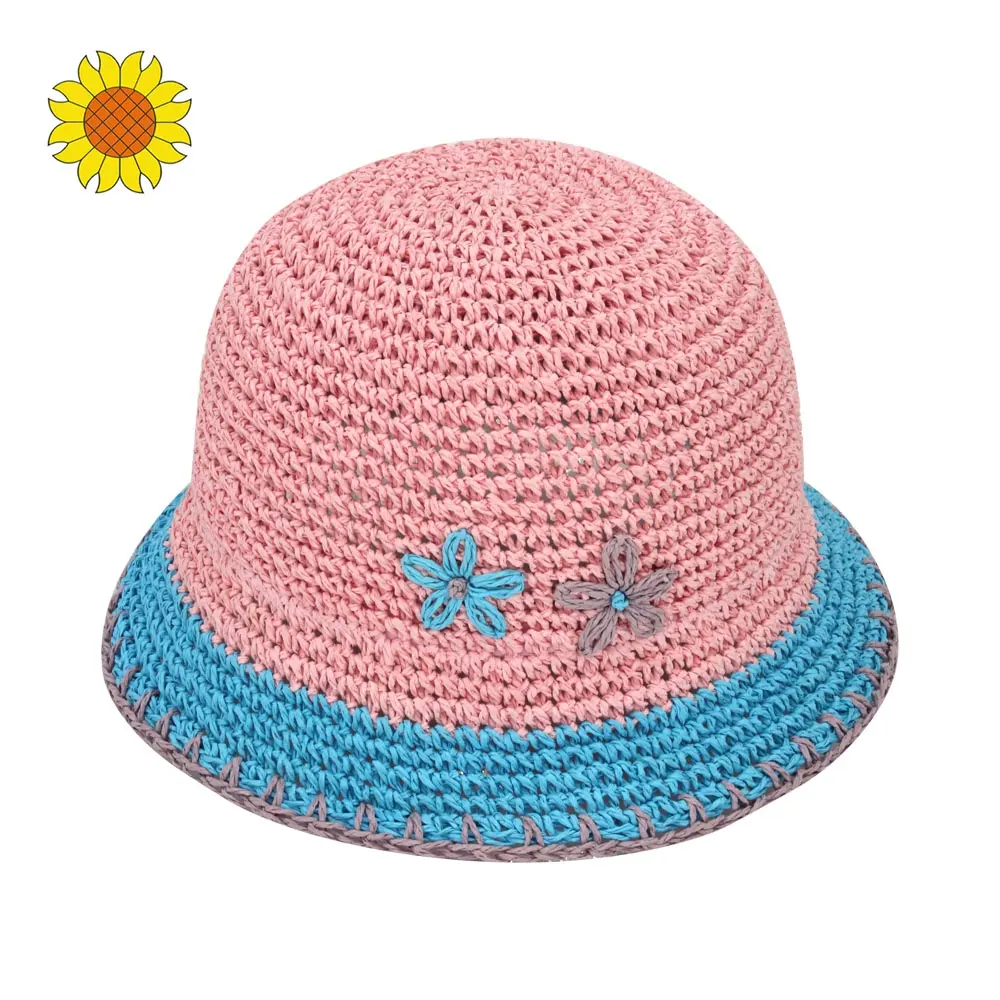 Sombrero de cubo para niñas, sombrero de paja de papel trenzado de ganchillo, plegable, color rosa