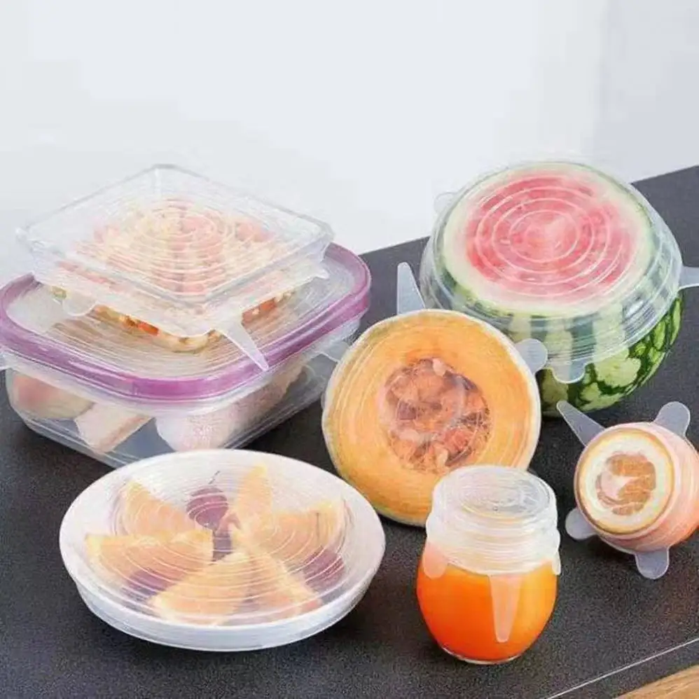 6個の食品グレードのシリコンフレッシュキーピングカバーストレッチユニバーサルボウルリッド冷蔵庫電子レンジシールプラスチックラップ