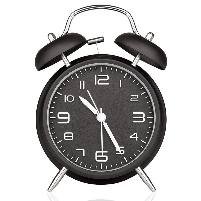 Relógio de mesa em metal operado à bateria, 4 polegadas, campainha dupla, anel, despertador alto bonito