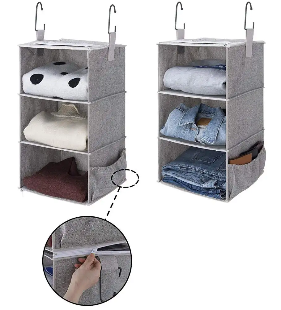 2 Pack Detachable 3 Shelf Collapsible Hanging Closet Organizer for Clothes and Shoes Canvas Space Saving Storage Closet Shelves