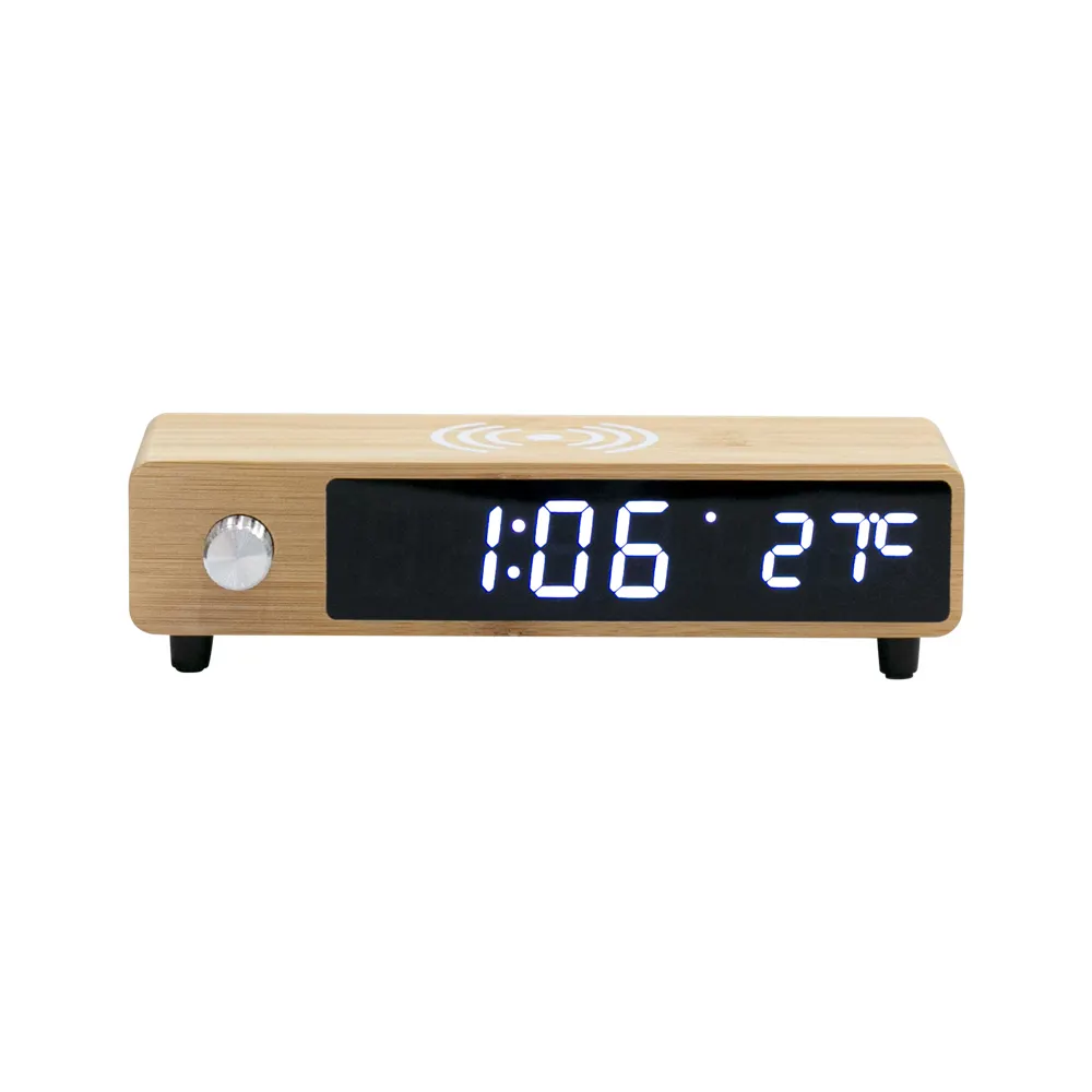 Reloj de mesa con alarma LED de bambú natural con radio FM por perilla giratoria y temperatura interior ET5048