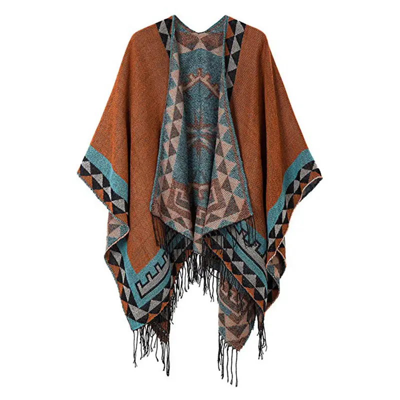 Poncho Reversible de Cachemira de imitación para mujer, a la moda Poncho con patrón geométrico, abrigo tipo chal de gran tamaño para invierno, 2022