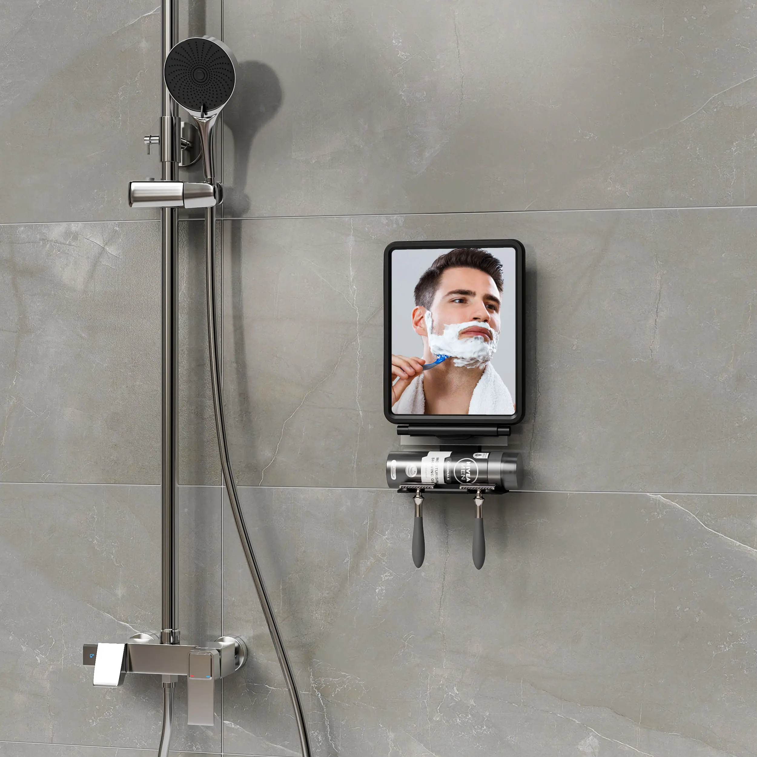 Çıkarılabilir banyo siyah kare duvara monte ayarlanabilir tıraş tutucu Anti sis duş ayna tıraş için sis