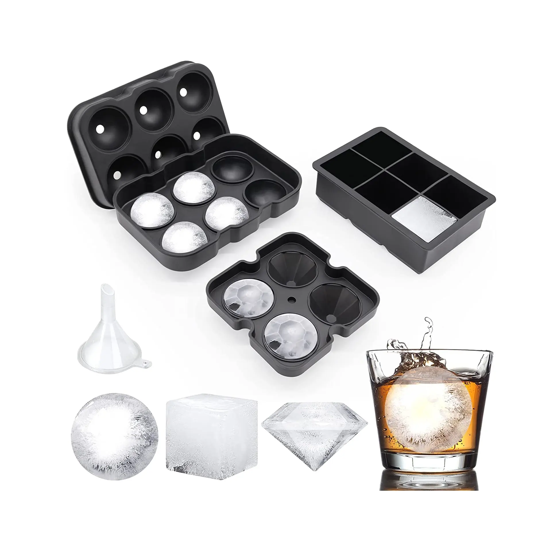 4 алмазных 6 лотка для льда, Шестигранная форма для виски 37 дюймов, многоразовая силиконовая форма для льда, лоток для морозильной камеры с крышкой для самостоятельного приготовления напитков