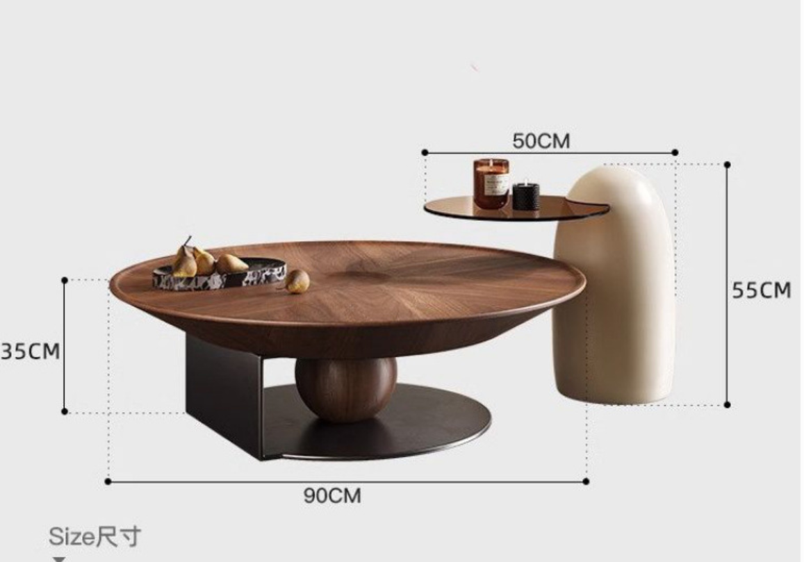 Grande table basse en noyer 90 cm + table basse Lucky Egg
